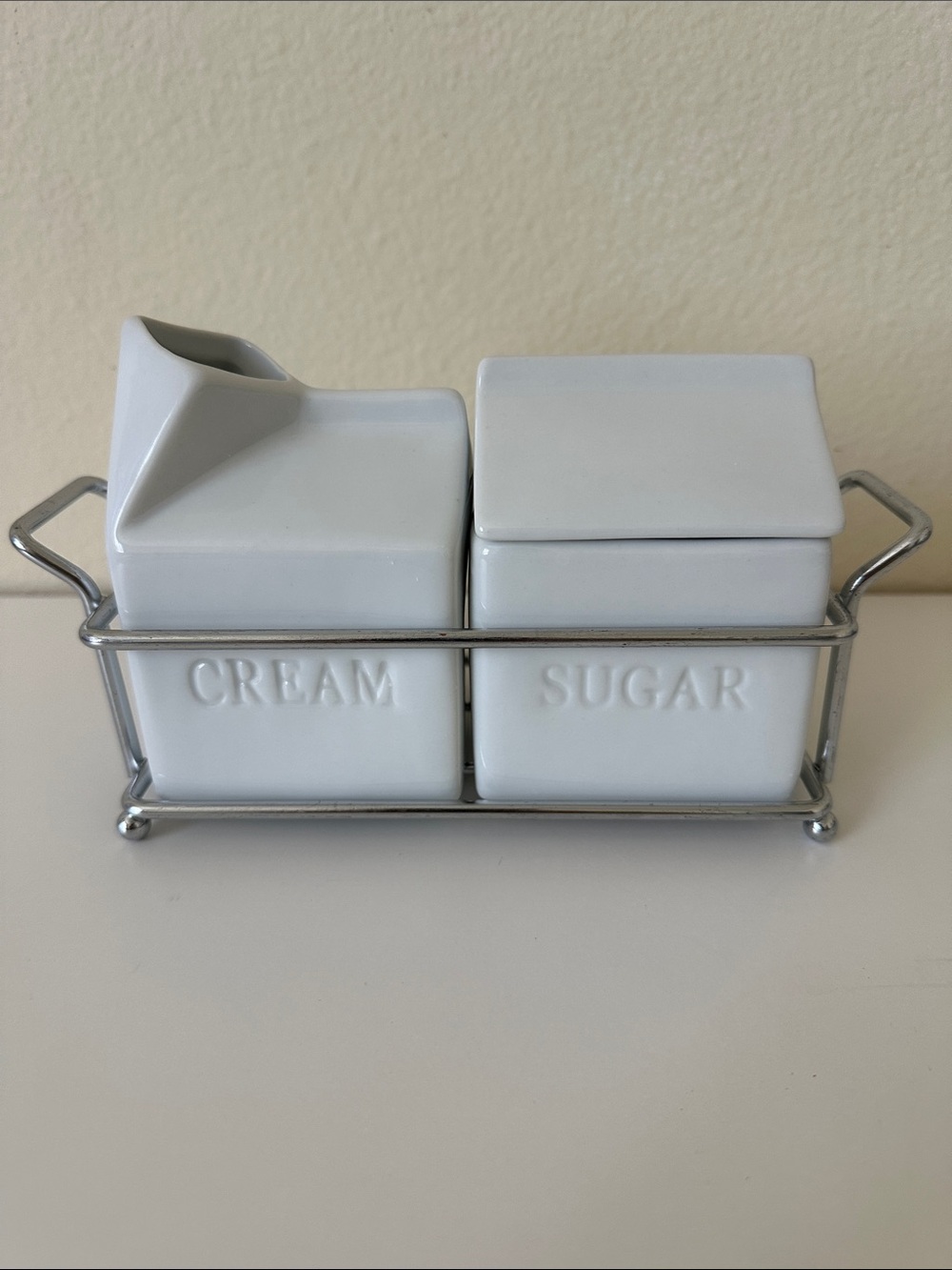 White Ceramic Cream and Sugar Set with Chrome Holder